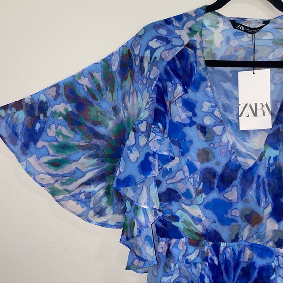 ZARA | Blue Printed Ruffled Blouse - Picture 3 of 8